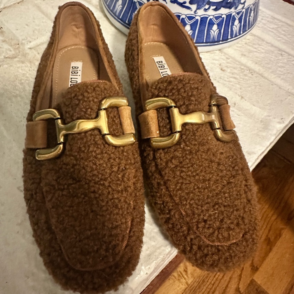 Brown Shearling Loafers with Gold Buckle by BiBi LOU
